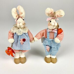 Wangs International Mr & Mrs Easter Bunnies Wooden Bodies Plush Head 6" Cottage